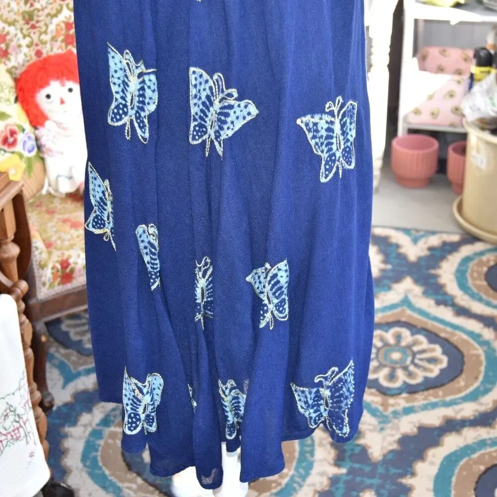 Vintage 90s Butterfly Viscose Dress Blue Boho India Free Size